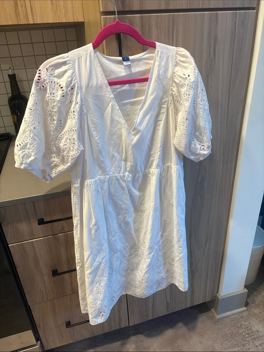 Old Navy White Eyelet V-Neck Mini Dress with Puff Sleeves